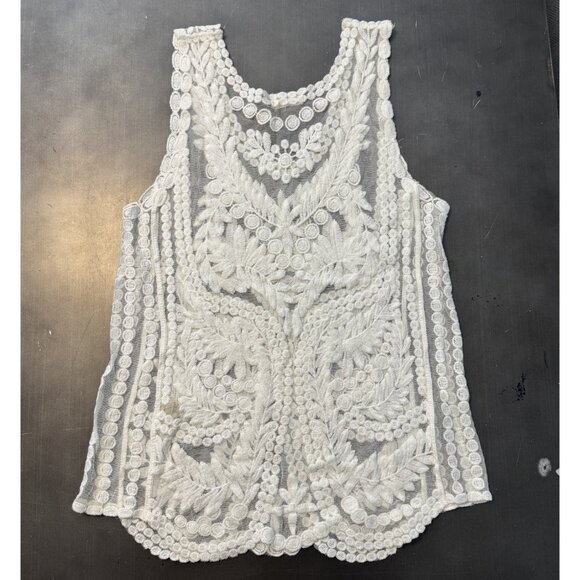 Crochet Mesh Ivory Tank Top Sheer Boho Sleeveless V-Neck‎ Swim Cover Up Shirt OS - Picture 3 of 7